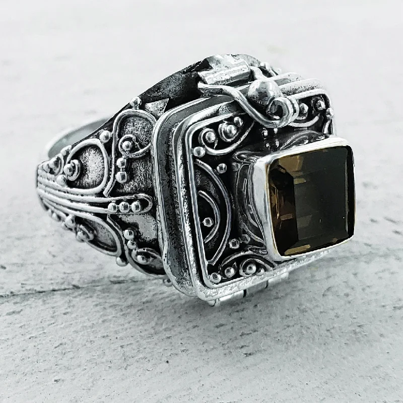 platinum wedding bands with rubies and sapphires for men-Gothic Square Smoky Quartz Poison Ring - Sterling Silver