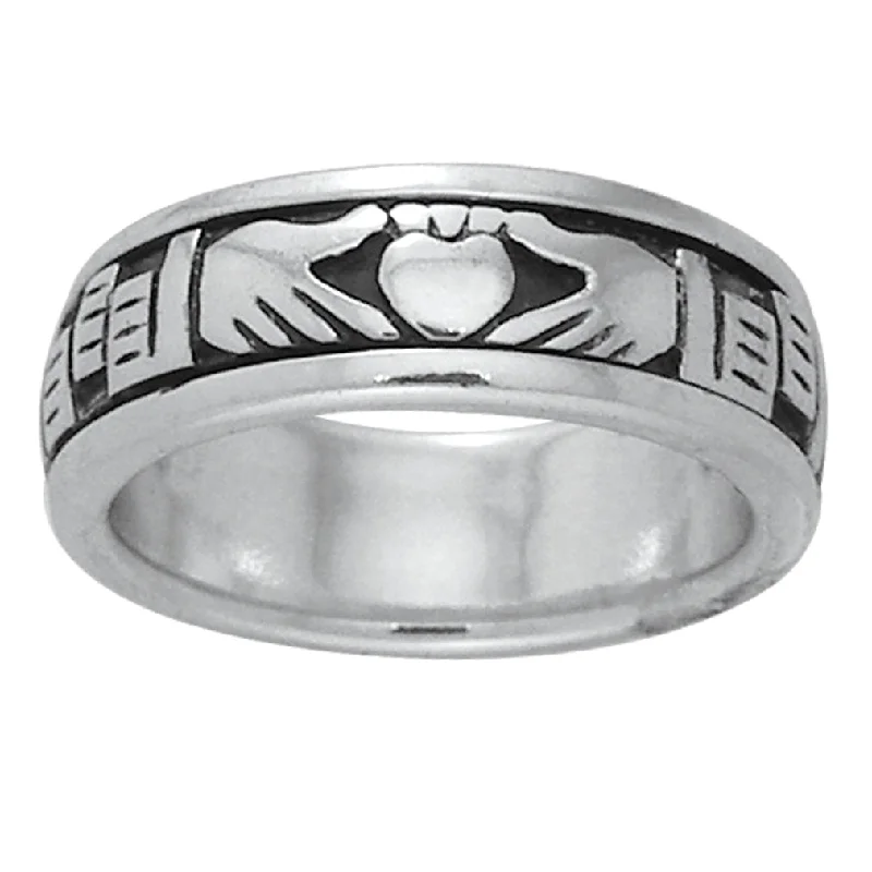 custom wedding bands for women with sapphires and rubies-Sterling Silver Celtic Claddagh Irish Wedding Band Spin Ring