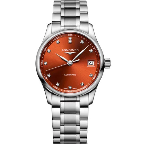 elegant women's watches with stainless steel cases and gemstone accents -Longines Master Collection Orange Dial Women 34mm