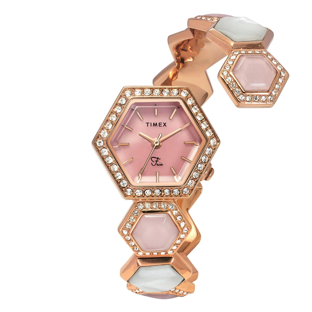 women's watches with stainless steel bands and elegant designs -TIMEX Fria Women Pink Hexagon Dial Analog Watch - TWEL17903