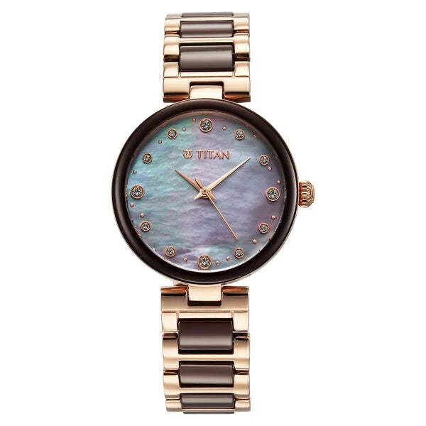 watches for women with multi-functional features and modern designs -Titan Purple Ceramics Mother of Pearl Dial Analog Steel and Ceramic Strap Watch for Women 95214kd03