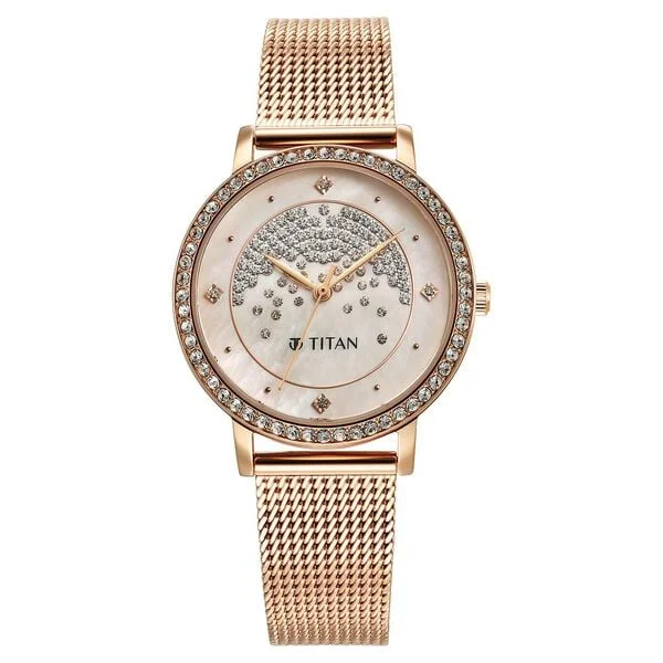 elegant watches for women with adjustable straps and simple designs -Titan Purple Style Up Quartz Analog Pink Dial Stainless Steel Strap Watch for Women 95236wm03