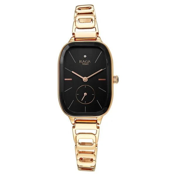 men's watches with classic design and digital movement features -Titan Raga Chic Quartz Analog Black Dial Rose Gold Metal Strap Watch for Women 2687wm01